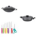 Conjunto Frigideira 24cm, Panela Wok 6,6L e Jogo de Facas Tramontina 428117 Preto/Colorido