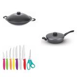 Conjunto Frigideira 24cm, Panela Wok 6,6L e Jogo de Facas Tramontina 428122 Preto/Colorido