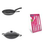 Conjunto Frigideira 24cm, Panela Wok 6,6L e Jogo de Facas Tramontina 428264 Preto/Branco