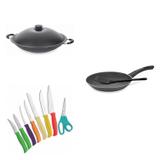 Conjunto Frigideira 26cm, Panela Wok 4,5L e Jogo de Facas Tramontina 428015 Preto/Colorido