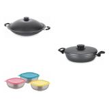Conjunto Frigideira 26cm, Panela Wok 4,5L e Jogo de Potes Tramontina 428506 Preto/Colorido