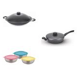 Conjunto Frigideira 26cm, Panela Wok 4,5L e Jogo de Potes Tramontina 428511 Preto/Colorido