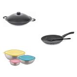 Conjunto Frigideira 26cm, Panela Wok 4,5L e Jogo de Potes Tramontina 428519 Preto/Colorido