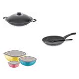 Conjunto Frigideira 26cm, Panela Wok 4,5L e Jogo de Potes Tramontina 428544 Preto/Colorido