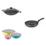 Conjunto Frigideira 26cm, Panela Wok 4,5L e Jogo de Potes Tramontina 428559 Preto/Colorido