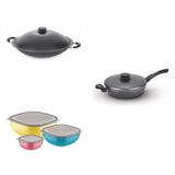 Conjunto Frigideira 26cm, Panela Wok 4,5L e Jogo de Potes Tramontina 428561 Preto/Colorido
