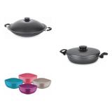 Conjunto Frigideira 26cm, Panela Wok 4,5L e Jogo de Potes Tramontina 428606 Preto/Colorido