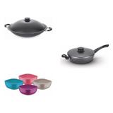 Conjunto Frigideira 26cm, Panela Wok 4,5L e Jogo de Potes Tramontina 428611 Preto/Colorido
