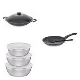 Conjunto Frigideira 26cm, Panela Wok 4,5L e Jogo de Potes Tramontina 428619 Preto/Prata
