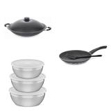 Conjunto Frigideira 26cm, Panela Wok 4,5L e Jogo de Potes Tramontina 428644 Preto/Prata