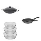 Conjunto Frigideira 26cm, Panela Wok 4,5L e Jogo de Potes Tramontina 428653 Preto/Prata