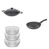 Conjunto Frigideira 26cm, Panela Wok 4,5L e Jogo de Potes Tramontina 428659 Preto/Prata