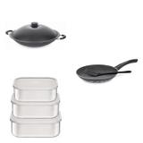Conjunto Frigideira 26cm, Panela Wok 4,5L e Jogo de Potes Tramontina 428669 Preto/Prata