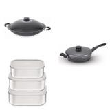 Conjunto Frigideira 26cm, Panela Wok 4,5L e Jogo de Potes Tramontina 428686 Preto/Prata