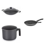 Conjunto Frigideira 28cm, Fervedor 0,75L e Panela Wok 4,5L Tramontina 427531 Preto