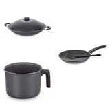 Conjunto Frigideira 28cm, Fervedor 0,75L e Panela Wok 6,6L Tramontina 427682 Preto