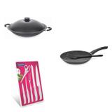 Conjunto Frigideira 28cm, Panela Wok 4,5L e Jogo de Facas Tramontina 428231 Preto/Branco