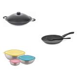 Conjunto Frigideira 28cm, Panela Wok 4,5L e Jogo de Potes Tramontina 428520 Preto/Colorido