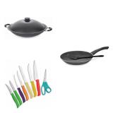 Conjunto Frigideira 30cm, Panela Wok 4,5L e Jogo de Facas Tramontina 428009 Preto/Colorido
