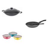 Conjunto Frigideira 30cm, Panela Wok 4,5L e Jogo de Potes Tramontina 428572 Preto/Colorido