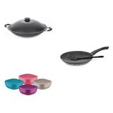 Conjunto Frigideira 30cm, Panela Wok 4,5L e Jogo de Potes Tramontina 428598 Preto/Colorido