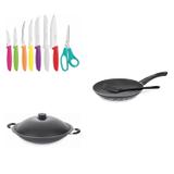 Conjunto Frigideira 30cm, Panela Wok 6,6L e Jogo de Facas Tramontina 428110 Preto/Colorido