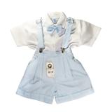 Conjunto Gravata e Suspensório Batizado Bebê Menino Branco Azul - Nelu