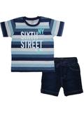 Conjunto infantil menino com camiseta listrada tons de azul e bermuda jeans sixth street have fun