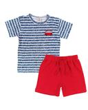 Conjunto infantil menino de camiseta listrada azul com shorts vermelho kombi carro antigo vw piu blu