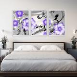 Conjunto Kit 3 Quadros Silver Luxury Flor Digital Lilás e Branco Moldura Branca - Oppen House Quadros Decorativos