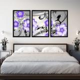 Conjunto Kit 3 Quadros Silver Luxury Flor Digital Lilás e Branco Moldura Preta - Oppen House Quadros Decorativos