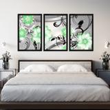 Conjunto Kit 3 Quadros Silver Luxury Flor Digital Verde e Branco Moldura Preta - Oppen House Quadros Decorativos
