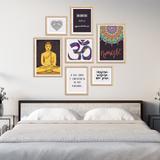 Conjunto Kit 7 Quadros Buda Encontre seu Equilíbrio Com Frases Moldura Madeira Crua - Oppen House Quadros Decorativos
