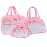 Conjunto Kit de Bolsas Maternidade Menina Luxo Chevron Rosa 03 Pçs - Sônia enxovais