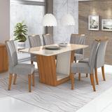 Conjunto Mesa 6 Cadeiras Apogeu Plus Rovere Naturale/Linho Gris Tampo e Vidro Off White Lopas