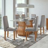 Conjunto Mesa 6 Cadeiras Dafne Plus Rovere Naturale/Linho Gris Tampo e Vidro Off White Lopas