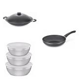 Conjunto Panela Wok 4,5L, Frigideira 28cm e Jogo de Potes Tramontina 428632 Preto/Prata