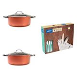 Conjunto Panelas com Tampa 3,7L, 4,7L e Faqueiro 48 Peças MadeiraMadeira Cromado/Laranja - Brinox