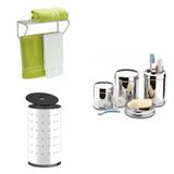 Conjunto para Banheiro 4 Peças, Toalheiro de Parede e Cesto para Roupas MadeiraMadeira Cromado - Brinox