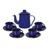 Conjunto para café Bule 1L Xícaras 120ml Esmaltado Azul Ewel