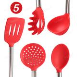 Conjunto Para Servir 5 Peças Vermelho Inox E Silicone Kit Espátula Colher Pegador Concha Escumadeira - Facibom