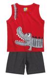 Conjunto Regata e Bermuda Moletinho Bee Loop Jacaré Vermelho/Cinza