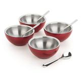 Conjunto Vermelho de Sobremesa Para 4 Pessoas Bowl Colher - Forma inox
