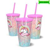 Copo Canudo Parede Dupla 500ml Unicórnio Confete - Beek