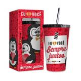 Copo com canudo - sempre juntos pinguim - Brasfoot