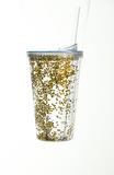 Copo Com Canudo Tampa Brilhoso Plástico 450ml Dourado - Cromus