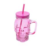 Copo de Vidro com Canudo 500ml Rosa Caveira Urban
