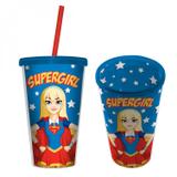Copo Plástico com Tampa e Canudo WB Super Girl Stars 500ml Super Girl Urban Azul