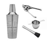 Coqueteleira 750 ml + Socador de limão + Espremedor de limão + Dosador de wisky Inox - Click urbano