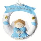 Enfeite de Porta Feltro Azul Anjinho Terço Nuvem Estrela Personalizado com Nome - Mais que baby